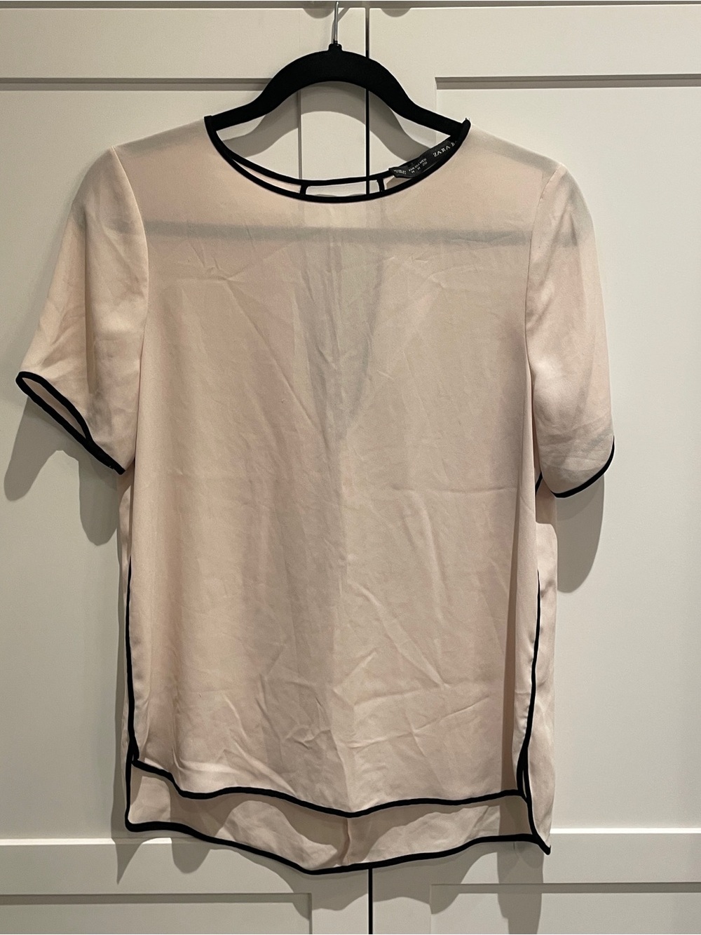 Zara Cream semi sheer CLASSY  Blouse with Black Piping .unique back sz M